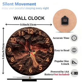 10-Inch Silent Wooden Wall Clock, Volcano Lava Rock Wall Clock Home Decor Fire Mountain ” Silent Non-Ticking Clock, Battery Operated (AA Batteries Not Included), Artistic Home Decor