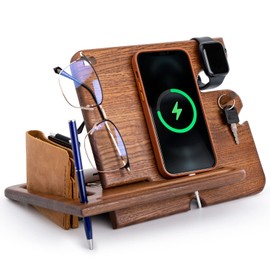 YAREM Phone docking station organiser, Wood phone stand, Mens valet tray, Mens desk organiser with phone holder, Presents for dads birthday Gift boyfriend Gifts for him