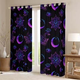 Erosebridal - Cortinas opacas con estampado de luna, flores de loto, cortinas y cortinas degradadas púrpuras, cortinas orientales de Fátima, Hamsa, tratamientos bohemios hippie, decoración de recámara negro