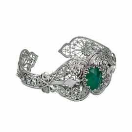Filigranist Moss Green Agate Gemstone Sterling Silver Artisan Crafted Filigree Cuff Bracelet