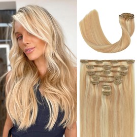WindTouch Hair Extensions for Women Real Human Hair, 15 Inch 70g 7pcs Honey Blonde Mixed Bleach Blonde, Natural Straight Remy Human Hair Extensions Clip ins for Women