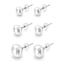 Haelira 3 Pairs Pearl Stud Earrings S925 Sterling Silver Hypoallergenic Large Size 6mm-8.5mm Set for Women