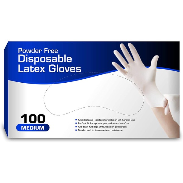 New Disposable Latex Gloves, Powder Free (100 Gloves Per Box) (Medium)