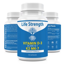 LifeStrength Vitamin K2 (MK7) + D3 25,000IU Supplement - Extra Strength, Non GMO, Easy to Swallow, No Fillers - Supports Immune & Bone Health