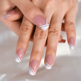 iMABC Long Square Press on Nails White Line French Fake Nail Full Cover False Nails Pre-design Manicure for Girls Ladies Party Dating 24pcs, Medium