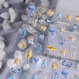 5D Embossed Nail Art Stickers Jellyfish Starfish Nail Decals Design Self Adhesive Nail Tools Supplies Blue Yellow Nail Stickers Summer Nail Accessories for Nail Art Women DIY Nail 1 Sheet