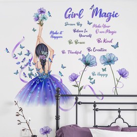 Girl Magic Wall Sticker Decal - Enchanting Purple Dress Girl with Butterflies & Flowers, Inspirational Quotes,It adds a Touch of Magic and Inspiration to Your Bedroom or Living Space