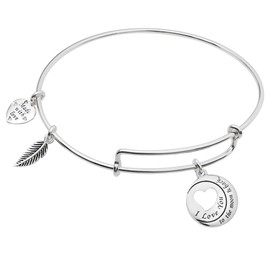Qina C 925 Sterling Silver I Love You to The Moon & Back Heart Wing Charm Adjustable Bangle