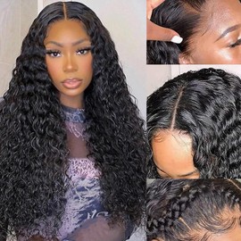PDTBO Deep Wave Lace Front Wigs Human Hair Pre Plucked 13x4 HD Transparent Lace Frontal Wigs Human Hair 180% Density Glueless Wig 26 Inch Curly Wigs For Black Women