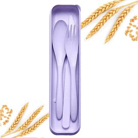 Reusable Travel Utensils Set with Case, Portable Wheat Straw Cutlery Set, BPA-Free and Eco-friendly Knife Spoon Fork, Travel Utensils for Office, Dorm, and On-the-go (purple, 1)
