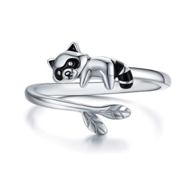 CHENGHONG Raccoon Ring 925 Sterling Silver Adjustable Open Ring Cute Animal Thumb Ring Raccoon Jewelry Gifts for Women Men