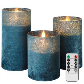 Blue Flameless Candles Set of 3, Sandblasted Glass LED Pillar Candles with Remote, Battery Operated Flickering Candles for Coastal Home Decor, Party Bathroom Holiday Birthday Wedding Decoration
