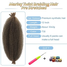 Marley Twist Braiding Hair Ombre 12 Inch Marley Hair for Faux Locs Butterfly Locs Crochet Hair for Black Women Spring Twist Hair Passion Twist Hair Springy Afro Twist Hair Kinky Curly Braiding Hair Cuban Twist Hair Extensions(6 Packs,T30#)