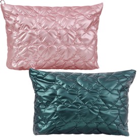 2-Pack Quilted Makeup Bag Set for Women, Cute Cosmetic Bag Toiletry Organizer, Travel Essentials Pouch with Zipper Pocket – Waterproof, Fluffy, Assorted Colors, for Daily, Washroom, Travel