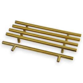 HANDLESTORE® Pack of 10 T-Bar Pull Handles - Satin Stainless, Matt Black or Brass - 160mm Fixing Centres Suitable for cabinets and cupboards. (Satin Brass)