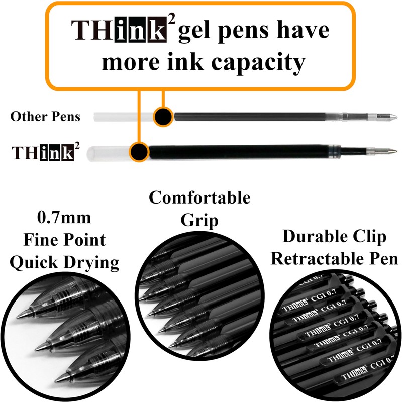 [24 Pens - Black Ink] Think2 0.7mm CGI Retractable Gel