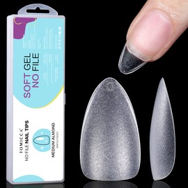 TOMICCA Nail Tips, 360 Pieces, Full Cover Soft Gel Tips, No-File Nail Tips, Short Pre-Buff PMMA Resin Artificial Nails Tips in 15 Sizes, Almond for Gluing, Nail Art for Nail Studios, Starter DIY