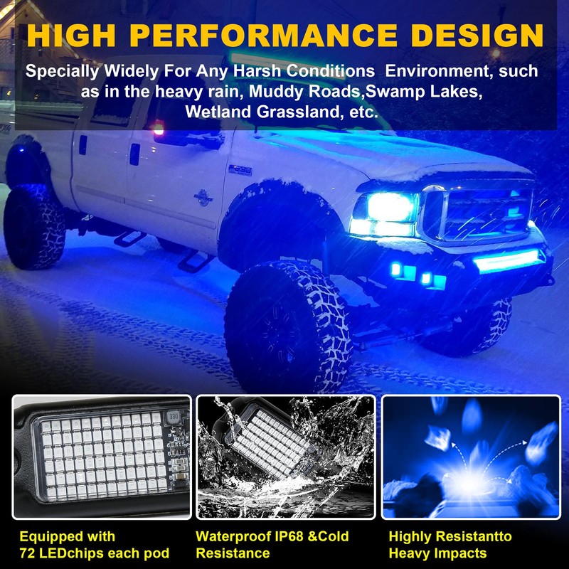 Nicoko 4Pods Pure Blue LED Rock Lights 7200 lumens high