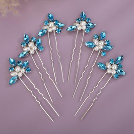 Teyglen 6pcs Crystal Pearl Bridal Hair Pins Blue Rhinestone Wedding Hair Pins Clips Set Handmade Rhinestone Hair Piece Decorative Hair Accessories for Women Bride Girls (Lake blue)
