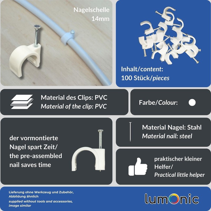 Lumonic 100 x Nail Clamps 14 mm for Cable White