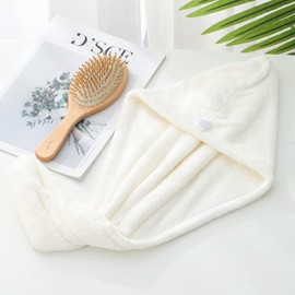 2 Pack Microfiber Hair Towel Wrap AUMA Super Absorbent Twist Turban for Women Fast Drying Hair Caps with Buttons for Drying Curly, Long & Thick Hair Anti Frizz (Cream)