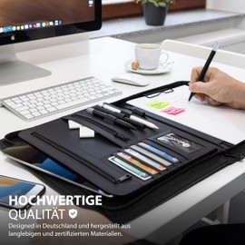 Vebon® New York Writing Case A4 Large I Vegan Leather Zip + Clipboard I Conference Folder + Laptop Bag I Extra Storage Space I Black, Phantom Grey