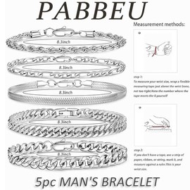 PABBEU 5 Pieces Bracelet Homme Argent, Homme Gourmette Chaîne Bracelet en Acier Inoxidable, Classic Polissage Bracelet Acier Inoxydable Homme Cadeau Fête des Pères Saint Valentin Anniersaire Noël, No