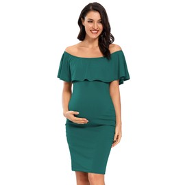 Jezero Women's Maternity Dress Off Shoulder Ruffle Sleeveless Bodycon Dress for Baby Shower