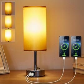 lifeholder Cylinder Touch Lamp, Dimmable USB Lamp Include One LED Bulb, Fabric Shade Lamp Built in 1 USB 1 Type C Ports & 1AC Outlet, Bedside Lamp Idea for Bedroom,Golden
