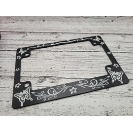 Women's Black and White Butterfly Motorcycle License Plate Frame – Decorative Matte Black Tag Frame with 4 Screws – Stylish License Plate Accessory for Motorcycles