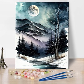 TISHIRON DIY Paint by Numbers for Adults Painting Winter Scene in Watercolor Adults' Paint by Number Kits Moon a Mountain and Trees Art Oil Hand Painting Paint Kits Art Crafts for Home 16x20 in