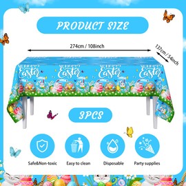 AIBIIN 3PCS Happy Easter Tablecloth Decoration Colorful Easter Bunny Eggs Party Table Covers Blue Watercolor Spring Disposable Plastic Rectangle Tablecloth Supplies for Home, Kitchen 54 x 108 Inch
