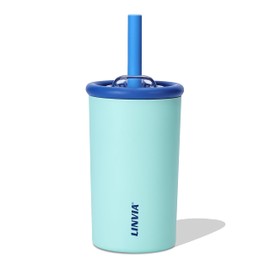 LINVIA Candy Tumbler, 12 oz Kids Insulated Stainless Steel Water Bottle with Spill Resistant Silicone-Metal Straw and 2-in-1 Lid, BPA-Free, Cup Holder Friendly, Dishwasher Safe, Teal