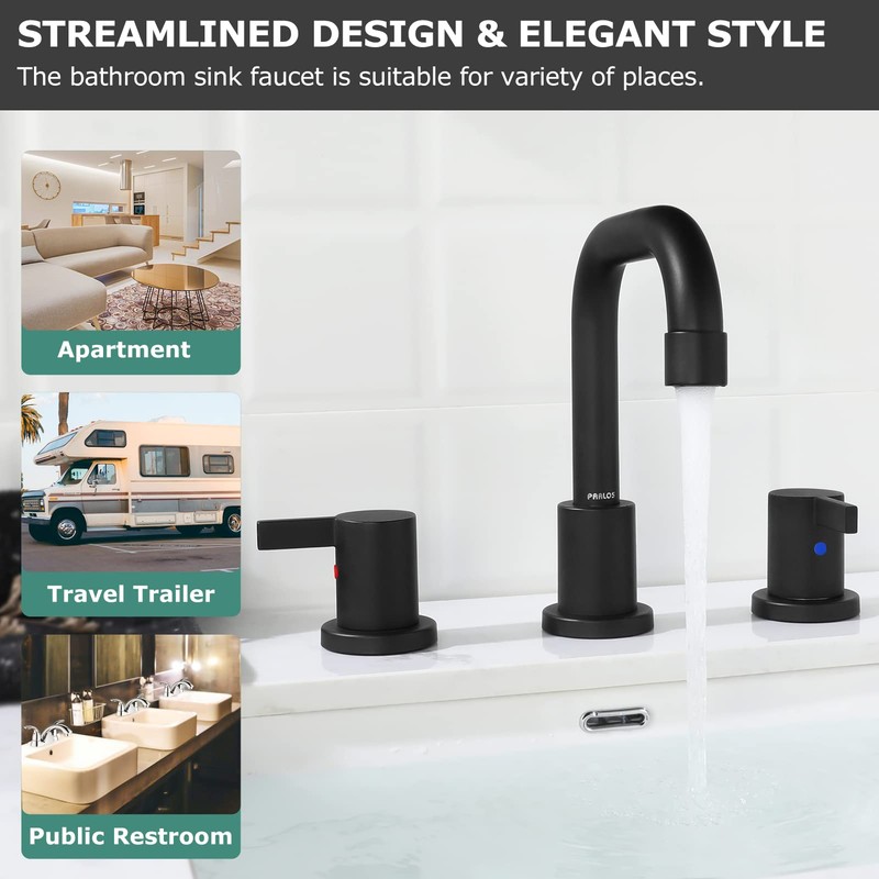 PARLOS Matte Black Widespread Bathroom Sink Faucet with Metal Pop-up