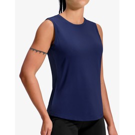 MIER Sleeveless Athletic Tops for Women Dry Fit Running Workout Tank Top Crew Neck Active Tennis Gym Yoga Tee Shirts, Navy, M