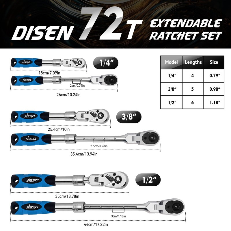 DISEN 3-Piece Extendable Flex-Head Ratchet Wrench Set with EVA Storage