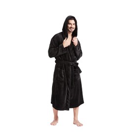 FashGudim - Bata con capucha para hombre, cuello de chal, kimono de franela suave y cálida, bata de spa, ropa de casa, Negro -, 40W