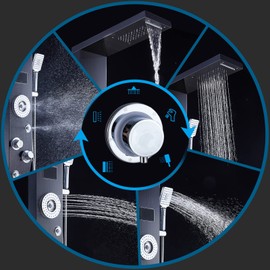 ELLO&ALLO LED Rainfall Waterfall Shower Head Rain Massage System with Body Jets Stainless Steel Bathroom Shower Panel Tower System, Brushed Black