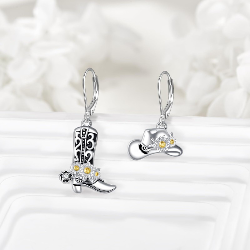 AXOMY Cowboy Earrings 925 Sterling Silver Cowgirl Boot Hat Dangle