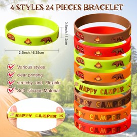 Aoriher 48 Pcs Camping Theme Gifts Bulk 24 Camper Silicone Bracelets and 24 Camp Theme Bell Keychains Camping Party Favors for Boys Girls Camp Goodie Bag Stuffers Classroom Rewards Supplies