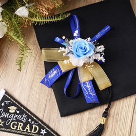 LaRibbons Graduation Ribbon 1" and 3/8" x 5 Yards 4 Rolls, Blue and White Gold Congrats Grad Satin Grosgrain Ribbon for Gift Wrapping Class of 2025 Graduation Party, Lei Making