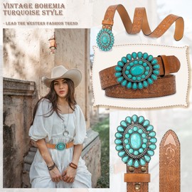 Bawnhaw Brown Western Vintage Concho-Turquoise-Belts for Women Men Embossed-PU-Leather Country Rodeo Cowgirl-Belts with Big-Buckle for Jeans Dresses Pants (29"-37")