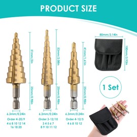 3PCS Step Drill Bit Set Titanium Steel Coated Cone Cutter Drill Bit Set High Speed Hole Cutter Power Tools Hex Shank for Wood Stainless Steel Sheet Metal Diy Plastic(3-12MM, 4-12MM and 4-20MM)