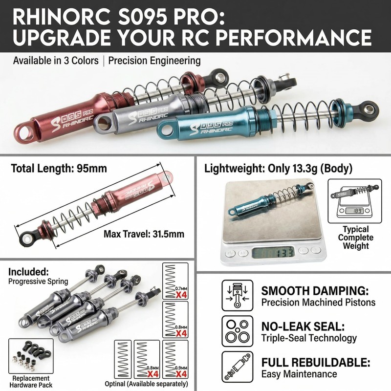 RhinoRC 95mm Crawling Shock with Max Travel 31.5mm Suitable for
