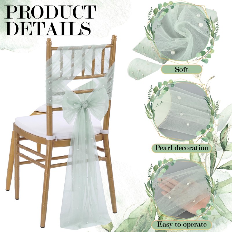 16 Packs Pearl Chair Sashes Wedding Decorations 8ft Sage Green