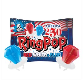 Ring Pop Red White & Blue Lollipops – Bulk Candy Individually Wrapped Wearable Hard Candy Rings – Cherry & Blue Raspberry Flavored Lollipop, Hard Sweets for Party Favors, Kids & Goodie Bags – 10 Count