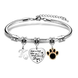 Hcvone Initial Dog Bracelets Paw Bracelet Just A Girl Who Loves Dogs Letter Bracelet Birthday Christmas Gifts Dog Footprints Charm Bracelet Jewellery For Women Girls Teen Dog Lovers (K)