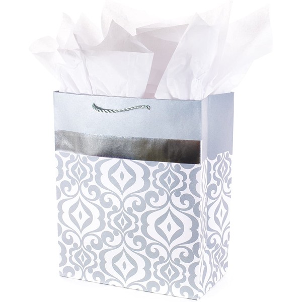 Hallmark 13" Large Gift Bag with Tissue Paper (Silver Damask) for Weddings, Engagements, Bridal Showers, Holidays and More