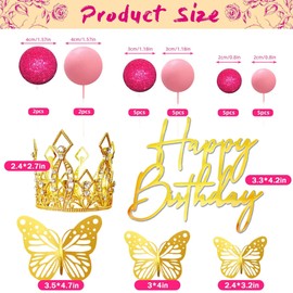 Bolas para tartas de feliz cumpleaños, corona, tiara para cumpleaños, boda, baby shower, decoración de fiesta (rosa)