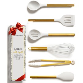 Gold Kitchen Utensils Set – 6 PC White Silicone and Gold Cooking Utensils with Spatula, Whisk, Tongs, Spoons, Cooking Tools for Nonstick Cookware – Luxury Kitchen Accessories for Home Chefs